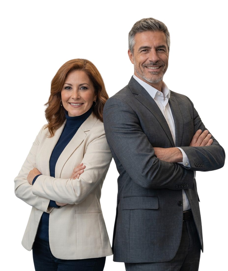 Two confident business professionals standing back to back with arms crossed
